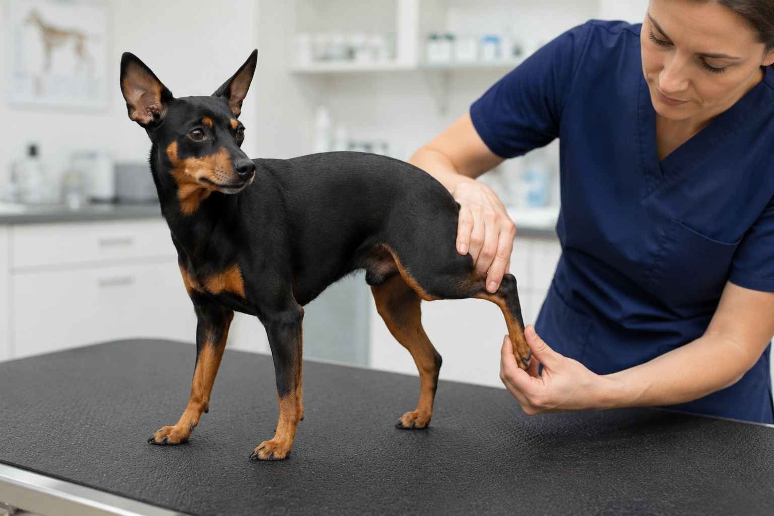 Veterinář provádí ortopedické vyšetření kolena malého psa